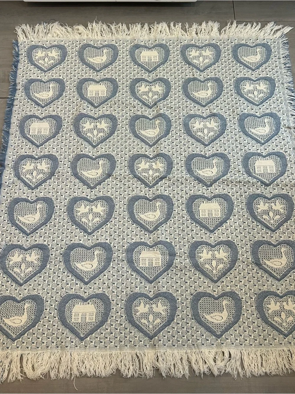 Vtg Woven Tapestry Throw Blanket Hearts Ducks Cottagecore Farmhouse Fringe 44x50